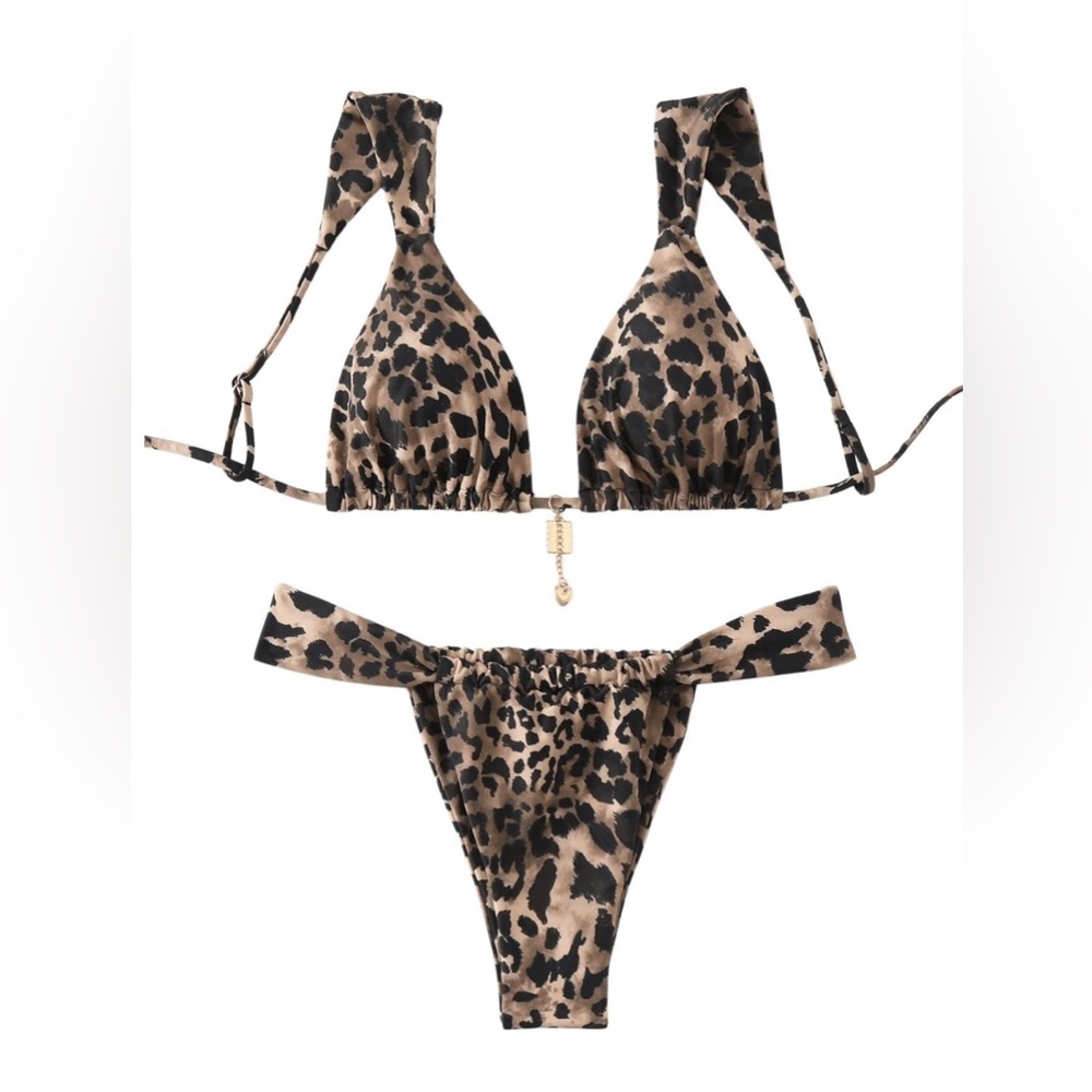 Brown and Black Leopard Print Bikini Set with Jewelry Charm